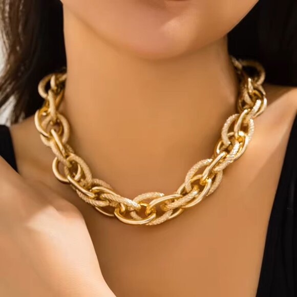 Chunky Choker Necklace - Party Cuban Link Chain Double O Link Necklaces Hip-hop - Picture 7 of 12